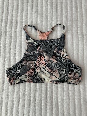 Roxy High Neck Leaf Print Bikini Top in Peach, Black, and Cream